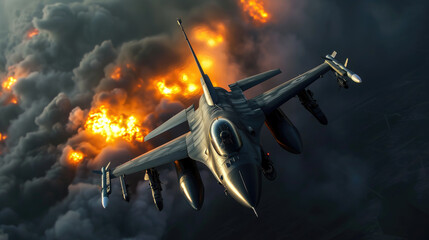 F16 Viper jet fighter flying low war explosions black smoke, wallpaper, Generative AI