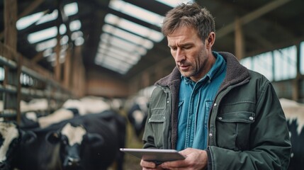 On a cow farm, the modern, tech-savvy farmer manages processes efficiently, holding a tablet in his hands to conduct research and enter data into a database - obrazy, fototapety, plakaty