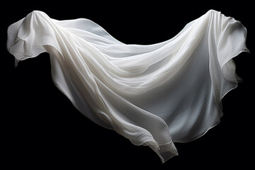 Graphic resources. Beautiful flying or levitating in air white fabric on black background with copy space