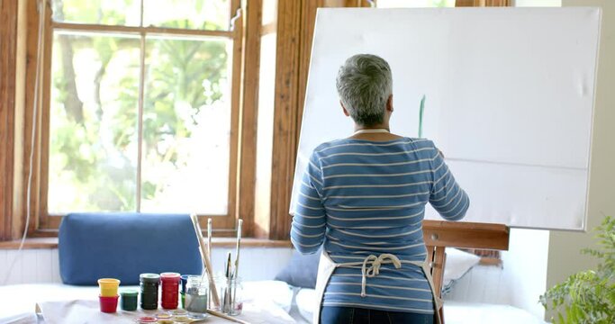 Senior biracial woman wearing apron and painting on big canvas at home, slow motion