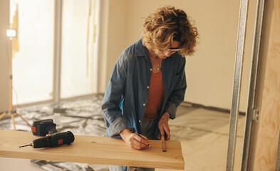 Homeowner measuring for kitchen remodel: DIY renovation with wood upgrades
