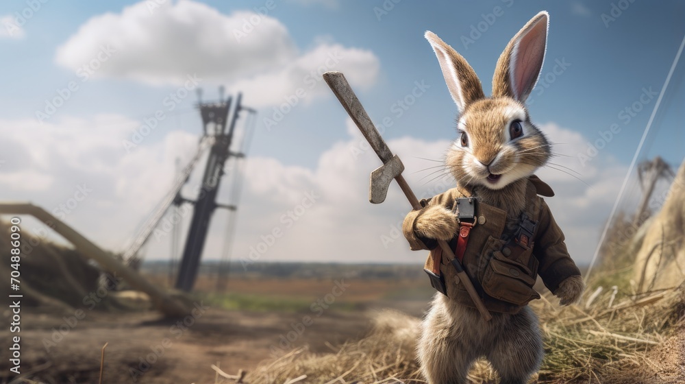 Poster a rabbit with a gun standing in a field. generative ai.