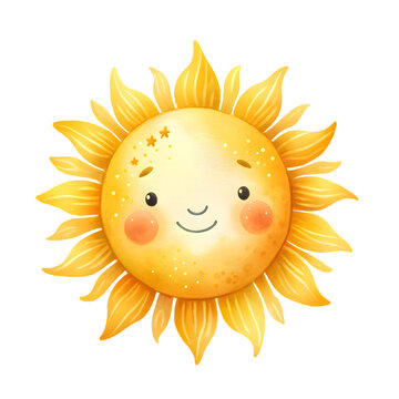 Cute sun with watercolor style. Cute sun clipart. Doodle sun. Sun clipart for nursery. Sun element. Cute sun watercolor isolated on white background.