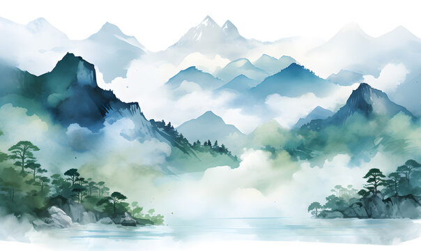 Hand drawn watercolor mountain landscape