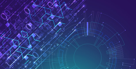 Handmade abstract technology concept. Circuit board, high computer color background. Vector illustration with space for content, web - template, business tech presentation.