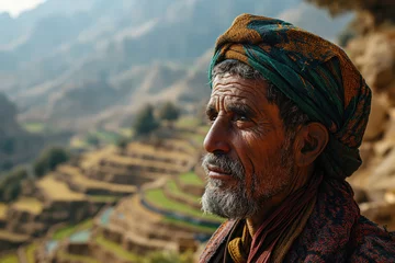 Foto op Plexiglas arabian rural man in national clothes against the background of a valley with agricultural terraces © Evgeny