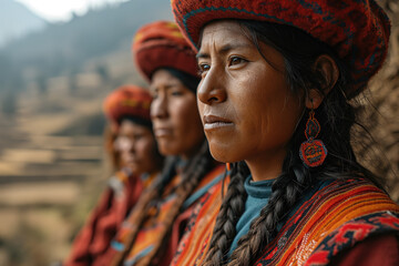 peruvian women in national clothes against a background of mountainous landscape