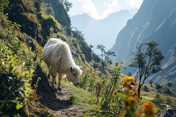 domestic sheep in the natural landscape of a mountain valley