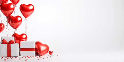 Happy valentines day greeting background. White banner party invitation template. heart shaped balloons and gifts. copy space.