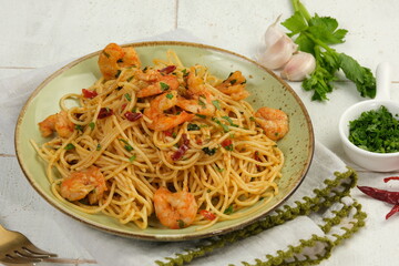 Homemade Italian Spaghetti Algio e Olio with Garlic and chilli flakes