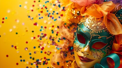Traditional carnival masquerade parade mask with ribbons and confetti on a bright yellow background with copy space. For festival invitation, promotion.