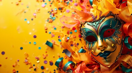 Traditional carnival masquerade parade mask with ribbons and confetti on a bright yellow background...