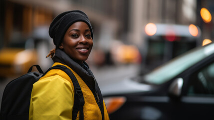 Positive african american young female with yellow and black standing on city street