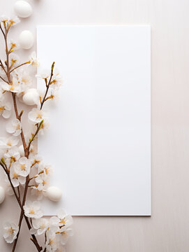 Mockup with a white frame and willow branches easter decor on a light background