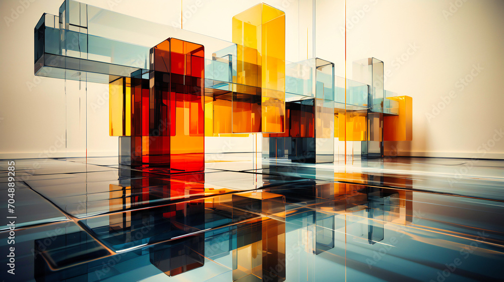 Poster abstract geometric composition: a vibrant blend of colors and shapes in a three-dimensional space, c