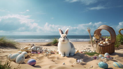 Happy Easter, Bunny With Eggs On Sea Beach, World Easter Day, Easter Bunny, World Animals Day, World Ocean Day, World Pets Day, Generative Ai