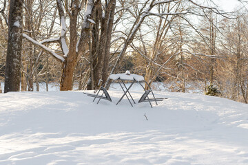 Snowy garden chairs and table and snow-covered trees