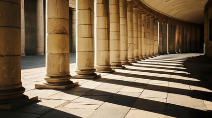 Architectural background with a line of marble columns, colonnade, pillars, sunlight and long shadows. Abstract background.