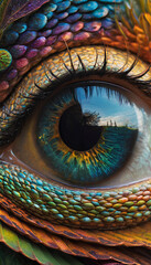 A painting of a... Scale Symphony, Emerald Gaze in Mosaic Jewels, Dragon Dreams in Reptilian Eyes, Ancient Wisdom on Textured Hide, Sun-Kissed Scales Tell Time.