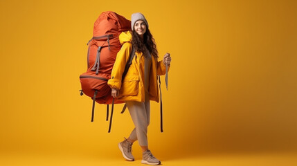 Happy young girl student she wear casual clothes backpack bag isolated on plain yellow color background.