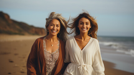 Beach, hug and elderly mother and daughter relax, bond and enjoy quality time freedom, peace or travel vacation. Mamas love, nature wind and happy family portrait of women