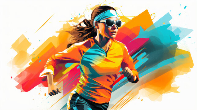 Very speed athletic caucasian woman running with trail. Colored abstract image