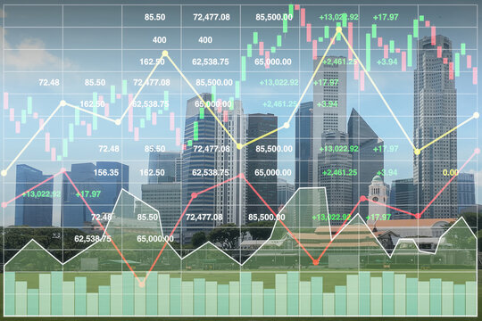 Stock financial index show successful investment on property business and construction industry urban buildings  image with graph and chart for presentation and report background.