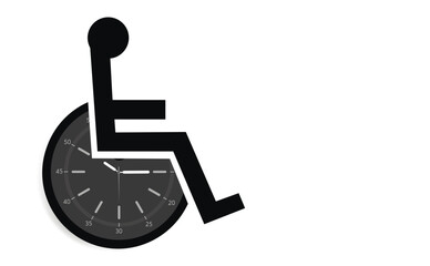 Disabled person in a wheelchair in the form of a clock with arrows as a symbol of awareness and care. copy space.