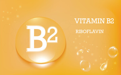 Water drop with Vitamin B2, riboflavin orange color and structure. Vitamin complex. Beauty nutrition skin care design. Banner