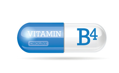Capsule vitamin B4, Thiamine, structure Blue, white. 3D Vitamin complex with chemical formula. Personal care, beauty concept. vector illustration. transparent capsule pill. drug business concept.