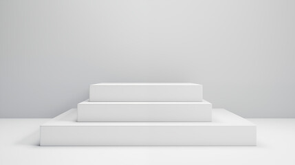 a clean, sleek design with a set of three white ascending rectangular platforms, against a soft grey background for beauty skincare cosmetic products display backdrop