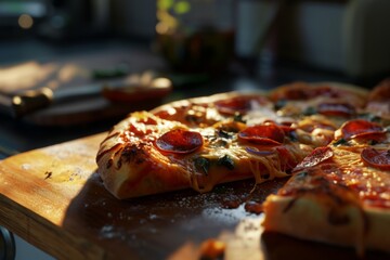 Freshly baked pepperoni pizza with melted cheese on a wooden board, highlighted by warm sunlight.