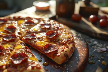 Freshly baked pepperoni pizza with melting cheese on a wooden board with ingredients in the background.