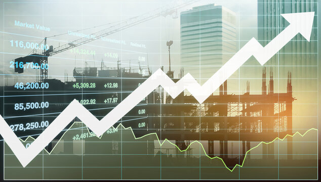 Stock financial index show successful investment on property business and construction industry urban buildings  image with graph and chart for presentation and report background.