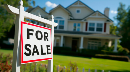 "For Sale" sign in front of a suburban house, concept of real estate market. Shallow field of view.
