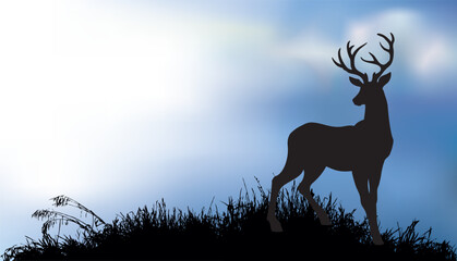 Silhouette of deer in the grass by the lake. Vector drawing