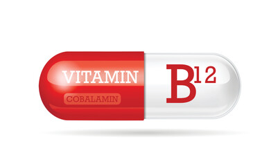 Vitamin B12. Cyanocobalamin. Two-color capsule on a white background.