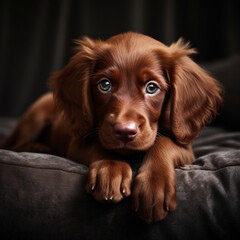 cute little irish setter puppy in a dark room