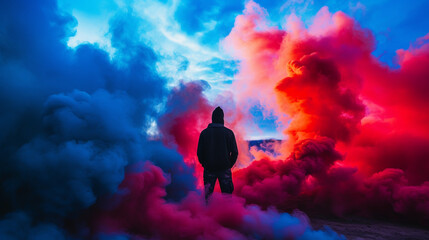 Person standing in between color smoke bombs - obrazy, fototapety, plakaty