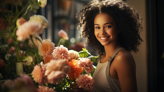 Floristry concept, Woman florist holding flowers with smiling happiness in flower shop.