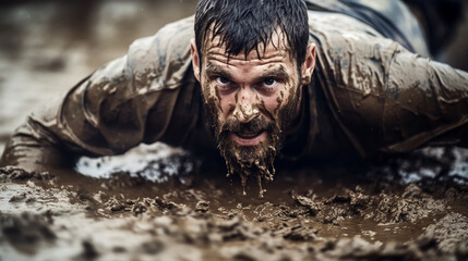Closeup of strong athletic man crawling in wet muddy puddle in the rain in an extreme competitive sport - obrazy, fototapety, plakaty