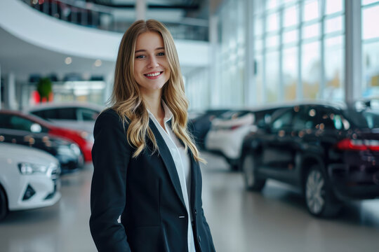young smiling female salesperson in a business suit in a car showroom