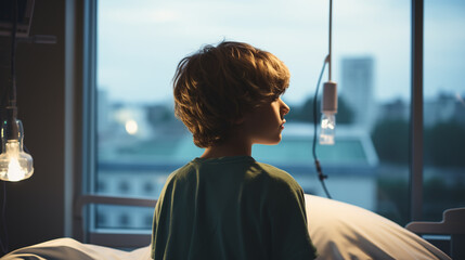 Back view of kid patient sitting on hospital bed looking out of window. Preteen sick boy sitting on bed in hospital ward. - obrazy, fototapety, plakaty