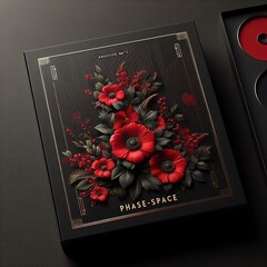 matte black box with bold red flowers