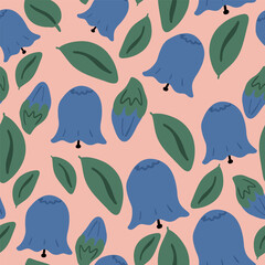 Blue bellflower and green leaves flat design seamless pattern
