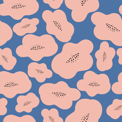 Groovy flowers pink poppies on blue background seamless pattern