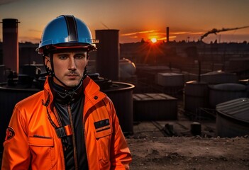 a man  in an orange helmet, construction and work clothes, against the backdrop of a factory during sunset, stern