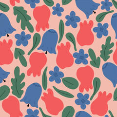 Tulips and belled flowers leaves flat design seamless pattern
