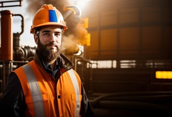 a man in an orange helmet, in work clothes, in a factory workshop in smoke