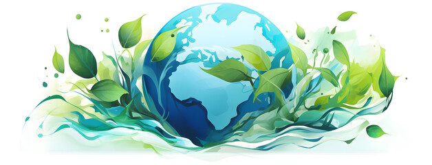 Fototapeta na wymiar Watercolor Earth illustration. Hand drawn watercolor planet with green leaves. Earth Day